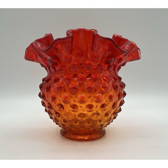 Vintage Fenton Amberina Hobnail Glass Rose Bowl Vase w Ruffled Edges 4.25” Tall - Picture 1 of 7